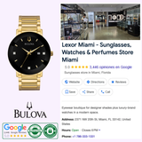 A Bulova Watches 97D116 Futuro Gold Stainless Steel Strap Men’s Watch with a diamond black dial is shown next to a Google listing for Lexor Miami, a store offering sunglasses, watches, and perfumes with photos, hours, address, and five-star reviews.