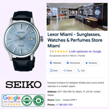 Image of a Seiko Luxe Watches Presage Cocktail Time Man SRPB43 automatic dress watch with a light blue dial and black leather strap, shown beside a Google business listing for Lexor Miami—your spot for Seiko watches, sunglasses, and perfumes.