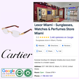 A digital collage showcasing Cartier Sunglasses’ CORE RANGE CT0609O-002 55 optical frames, luxury rimless styles, cat-eye Panthère designs, a Google reviews badge, and Lexor Miami’s Maps listing with hours, address, and boutique photos.