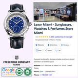 The Frederique Constant Worldtimer Manufacture FC-718LA4H6 with a lapis lazuli dial is shown next to a Google business listing for Lexor Miami, a contemporary showroom featuring sunglasses, watches, and perfumes.