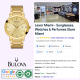 A Bulova Watches Futuro 97D115 men’s gold-tone diamond watch sits beside Lexor Miami’s Google business listing, a luxury eyewear and watch store with 5-star reviews, contact info, and photos of its modern interior.