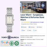 A Tory Burch Watches THE ELEANOR TBW1069 (UPC 796483610675) women’s watch is displayed next to a Google listing for Lexor Miami, a store selling sunglasses, watches, and perfumes with reviews and authenticity badges shown.