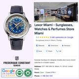 A Frederique Constant Manufacture Classic Worldtimer FC-719BLW3H6 watch with a blue dial and dark strap is shown beside the Google business profile for Lexor Miami, a well-reviewed Miami store offering sunglasses, Swiss automatic watches, and perfumes.