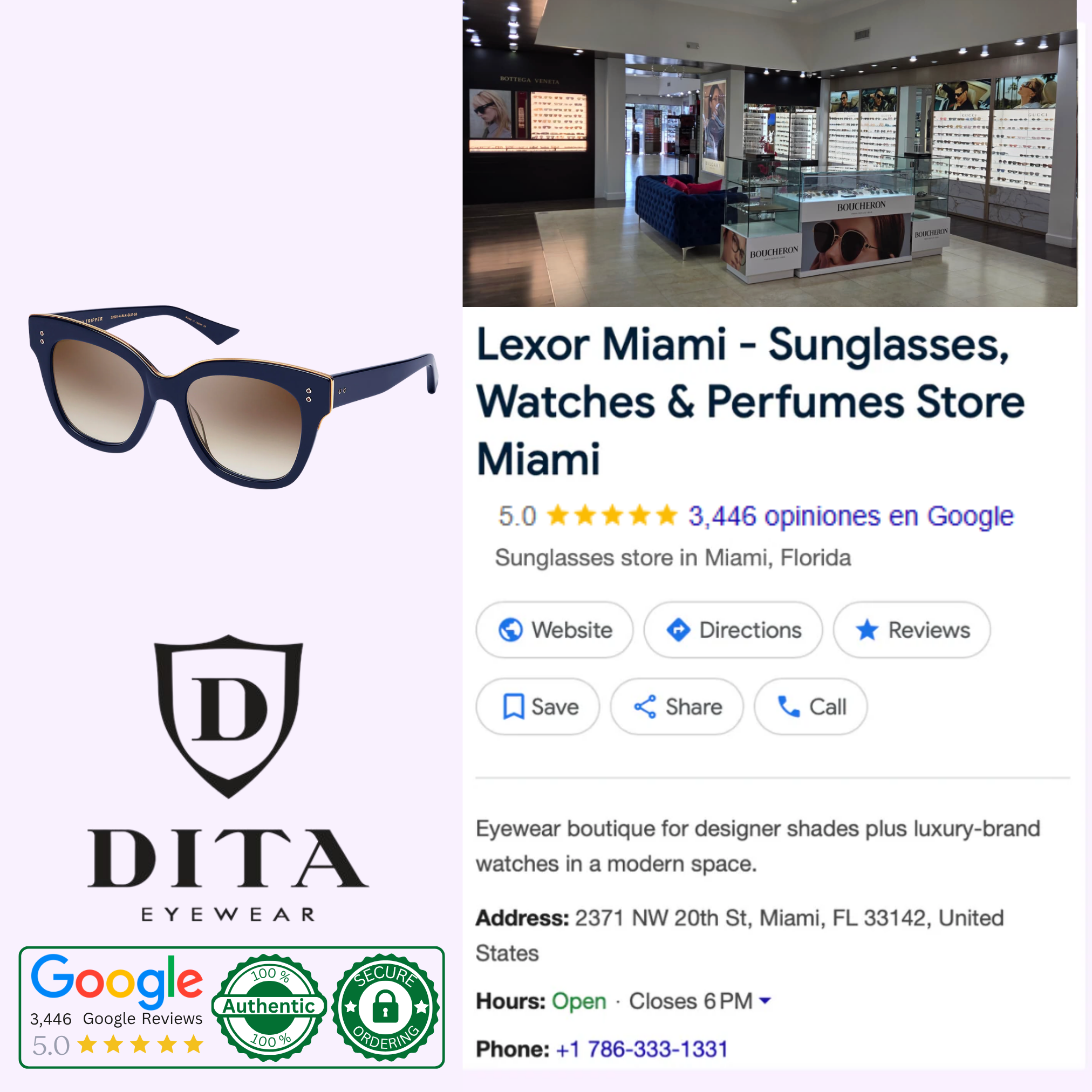 A promotional image for Lexor Miami highlights Dita Sunglasses DAY TRIPPER 22031-D-NVY-GLD-55-Z, showcasing Japanese craftsmanship with the DITA logo, Google reviews, store address, hours, phone number, and a boutique interior photo.