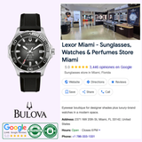 A Bulova Watches Marine Star 98B465 men’s dive watch is shown next to a Google Maps listing for Lexor Miami - Sunglasses, Watches & Perfumes Store Miami, displaying store details, rating, hours, and badges for authenticity and positive reviews.