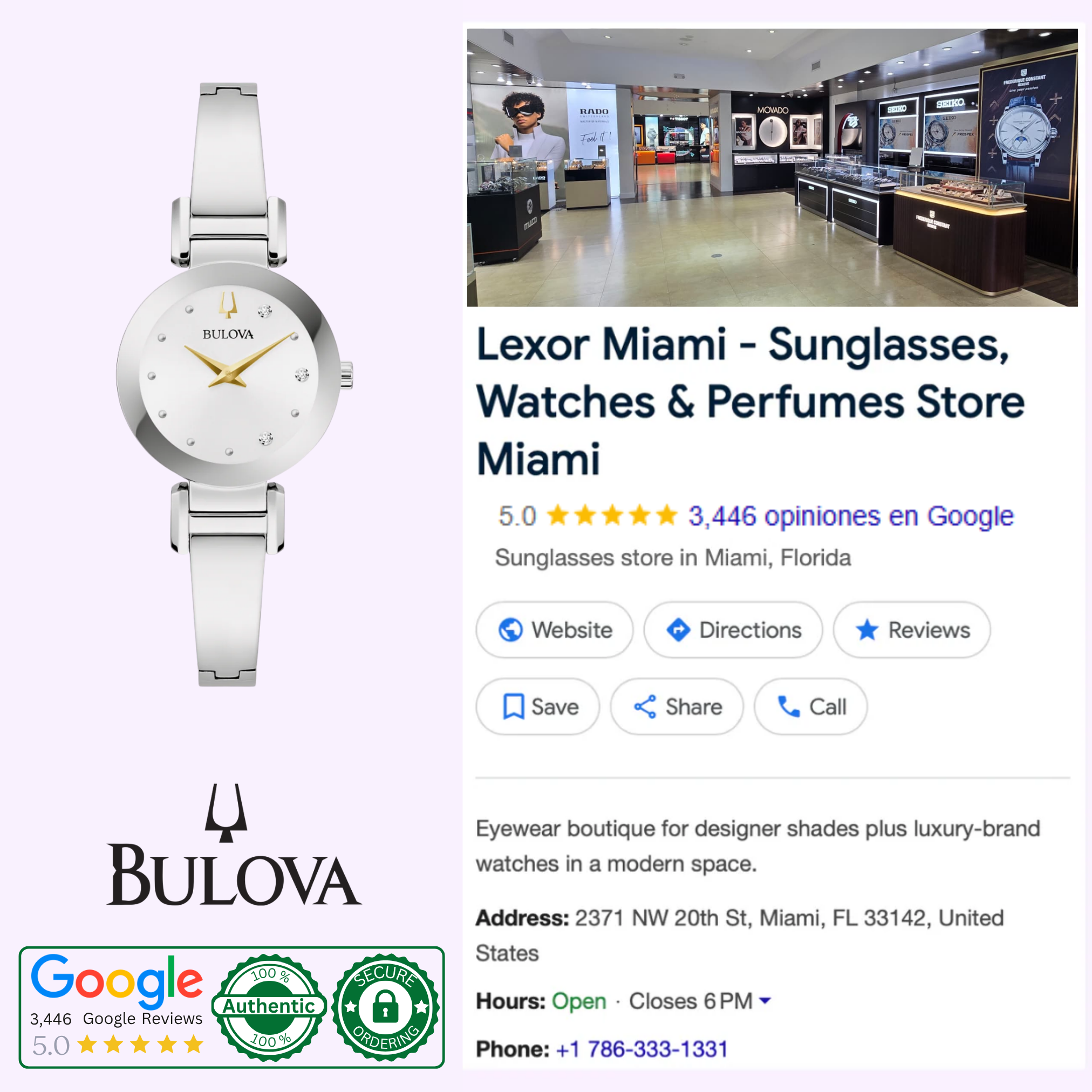 On the left, a Bulova Watches Modern 96P241 with diamond hour markers; on the right, a Google business listing for Lexor Miami sunglasses and watches store showing interior, address, rating, hours, and contact info.