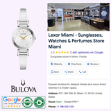 On the left, a Bulova Watches Modern 96P241 with diamond hour markers; on the right, a Google business listing for Lexor Miami sunglasses and watches store showing interior, address, rating, hours, and contact info.