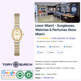A Tory Burch Watches THE OVAL TBW6033 (UPC 796483662513) is shown beside a Google listing for Lexor Miami, a boutique selling sunglasses, jewelry watches, and perfumes with visible customer ratings and store info.