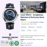A Frederique Constant Manufacture Classic Worldtimer FC-718NWM4H6 watch is shown on the left, with a Google listing for Lexor Miami—featuring eyewear, watches, store info, ratings, reviews, and world time zones—on the right.