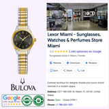 A Bulova 45L185 Traditional Caravelle two-tone stainless steel women's watch by Caravelle Watches By Bulova is displayed next to a Google listing for Lexor Miami, a sunglasses, watches, and perfumes store with details and hours.