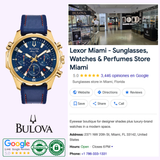 A Bulova 97B168 Blue Marine Star Leather Chronograph Watch by Bulova Watches sits beside a Google listing for Lexor Miami, a retailer of sunglasses, watches, and perfumes, displaying storefront images, contact details, and customer reviews.