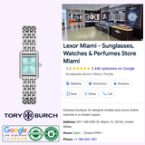 A Tory Burch Watches THE ELEANOR TBW1083 Women’s watch (UPC 796483658387) is shown next to a Google business listing for Lexor Miami, a luxury eyewear and watch store with a modern interior and high ratings.