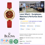 The Bulova Watches Rubaiyat Autumn 97R105, a luxury women's watch with a red strap, is displayed next to a Google listing for Lexor Miami showing its 5-star rating, store details, and impressive interior photos.
