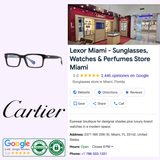 Collage features Cartier Optical logo, black acetate Cartier CT0291O-001 54 Optical Frame MAN eyeglasses, in-store display cases, and a Google listing for Lexor Miami showing ratings and review badges for a luxury sunglasses and watch store in Miami.