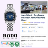 A Rado Watches Golden Horse Automatic R33930203 Limited Edition is displayed beside a Google listing for Lexor Miami, a luxury store featuring sunglasses, perfumes, and watches with high ratings and an interior photo.
