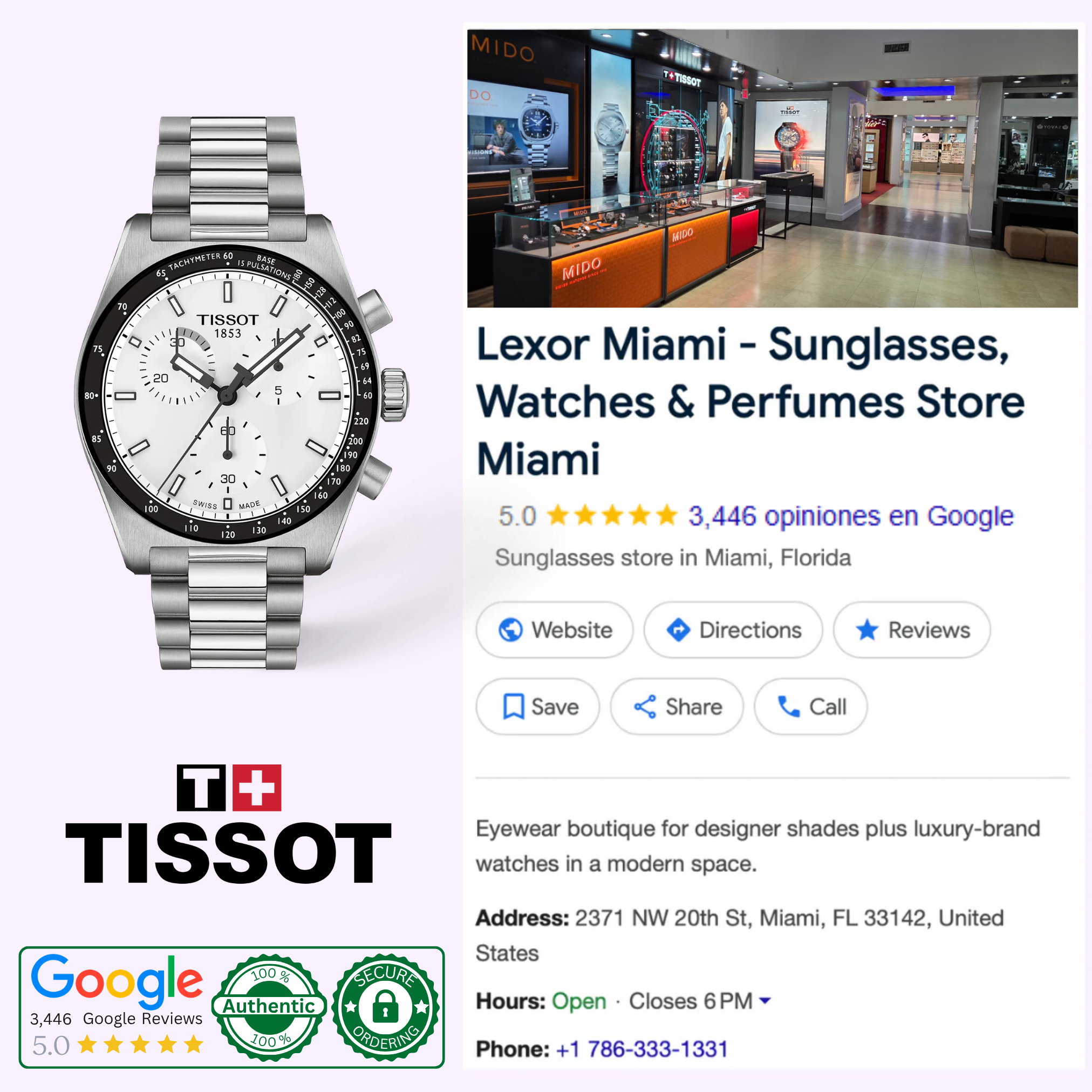 A Tissot Watches PR516 40mm T1494171101100 is displayed beside a Google listing for Lexor Miami - Sunglasses, Watches & Perfumes, showing store photos, reviews, location, hours, and contact info.