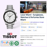 A Tissot Watches PR516 40mm T1494171101100 is displayed beside a Google listing for Lexor Miami - Sunglasses, Watches & Perfumes, showing store photos, reviews, location, hours, and contact info.