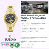 A Bulova 97P171 Marine Star Automatic Gold Bracelet Strap Ladies Watch by Bulova Watches is displayed next to a Google result for Lexor Miami, a boutique in Miami, FL selling sunglasses, watches, and perfumes with a 5-star rating.