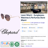 Google listing for Lexor Miami - Sunglasses, Watches & Perfumes Store Miami: 5 stars from 3,446 reviews. Shows blue-accented interior, Chopard Sunglasses SCHL03M Rose Gold/Blue (UPC: 190605500866), Chopard logo, and store contact details.