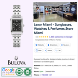 A Bulova Racer “The Very Thought Of You” 96L341 ladies’ watch by Bulova Watches is displayed next to a Google business listing for Lexor Miami, a store selling sunglasses, watches, and perfumes with images and contact details.