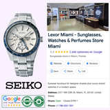 A Seiko Luxe Watches PRESAGE SHARP EDGED SERIES ZERO HALLIBURTON LIMITED EDITION SPB269 is shown beside a 5-star Google listing for Lexor Miami, a store offering sunglasses, watches, perfumes, with an interior photo and authenticity badges.