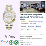 A Bulova Prestige 98B450 watch (UPC: 042429603363) by Bulova Watches is displayed beside a Google business listing for Lexor Miami, a luxury store for sunglasses, watches, and perfumes with high customer ratings.