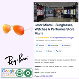 A Ray-Ban Sunglasses ad showcasing the Miami store, 5-star Google reviews, Ray-Ban logo, contact info, and the unisex Ray-Ban RB3025 112/69 58 with orange lenses and a sleek gold-tone metal frame.