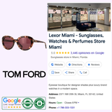 Screenshot of a Google business listing for Lexor Miami, showing the store interior, details, review rating, and Tom Ford FT1009 55 55Y Lily-02 Woman Acetate Sunglasses by Tom Ford Sunglasses with signature branding.