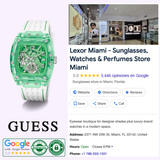 A Guess Watches Men's White Green Multi-function GW0499G10 (UPC: 091661563997) is displayed beside a Google search for Lexor Miami – Sunglasses, Watches & Perfumes Store, showing a 5-star rating, photos, address, and contact info.