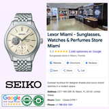 A Seiko Luxe Watches Presage Classic Series SPB469 is displayed next to a Google listing for Lexor Miami - Sunglasses, Watches & Perfumes Store, showing store photos, ratings, contact info, and Google review badges.