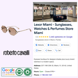 Collage features Roberto Cavalli Sunglasses SRC005 59594G LIGHT GOLD (UPC 190605456552), Lexor Miami store with eyewear displays, contact details, location, hours, reviews, and Google badges—highlighting luxury fashion by Roberto Cavalli.
