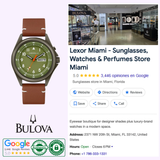 On the left is a Bulova 45C119 Classic Caravelle men’s watch with a brown leather strap by Caravelle Watches By Bulova. On the right, a Google search result highlights Lexor Miami, showing its address, ratings, and contact info.