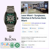 A Bulova Maquina 98A321 by Bulova Watches, featuring a green dial and silver band, is displayed next to a Google listing for Lexor Miami—a store offering sunglasses, watches, perfumes, ratings, and location info.