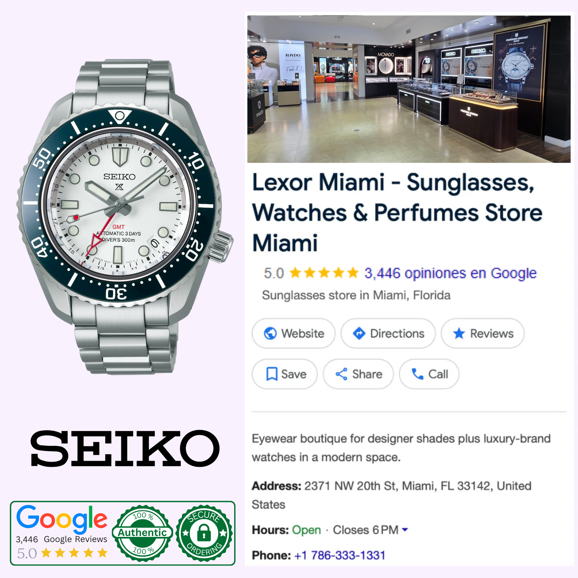 A Seiko Luxe Watches SPB519 PROSPEX HERITAGE DIVER'S GMT is featured next to a Google business listing for Lexor Miami, which sells sunglasses, watches, and perfumes, showcasing store photo, location, contact info, and a 5-star rating.