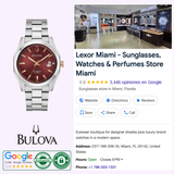 A Bulova Surveyor Men Watches 98B422 by Bulova Watches with a red face and silver band is next to a Google listing for Lexor Miami, a store selling sunglasses, watches, and perfumes with a 5-star rating.