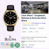 A Bulova 44B118 Dress Caravelle Black Leather Strap Men’s Watch by Caravelle Watches By Bulova is shown next to a Google listing for Lexor Miami, a top-rated store for sunglasses, watches, and perfumes with 3,446 five-star reviews.