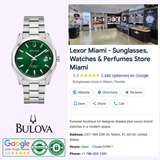 A Bulova Watches Surveyor 96B429 men's watch with a green face is displayed next to a Lexor Miami listing, which features store images, reviews, contact information, location details, and business hours.