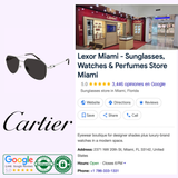 Image of a Google listing for Lexor Miami shows store photos, Cartier Sunglasses, Cartier CT0364S-001 59 Unisex Sunglasses, review score, luxury eyewear selection, and contact details.