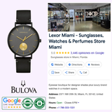A Caravelle Watches By Bulova 44A119 Min Max Black Leather Strap men's watch is pictured beside a Google listing for Lexor Miami, a store selling sunglasses, watches, and perfumes, featuring a 5-star rating, store hours, location, and the Bulova logo.