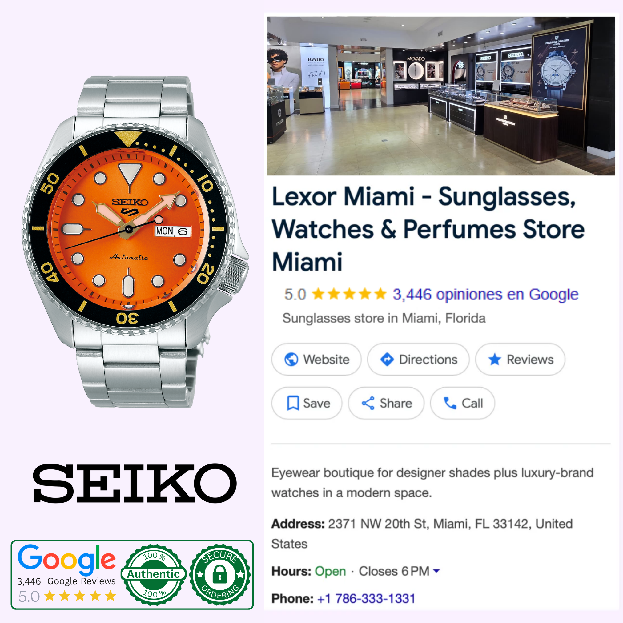 A Seiko Watches 5 Sports SKX series SRPD59 with an orange dial appears next to a Google business listing for Lexor Miami, a top-rated retailer of sunglasses, watches, and perfumes.