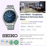A Seiko Luxe Watches PRESAGE SPB525 automatic watch is displayed beside a Google listing for Lexor Miami—a Miami, Florida store known for sunglasses, watches, and perfumes—with images of its interior and 5-star rating.
