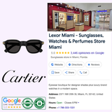 Collage featuring a Google listing for Lexor Miami, showcasing Cartier Sunglasses CT0536S-001 49 Men with 5-star reviews, store address, hours, contact info, Cartier logo, sunglasses illustration, and review/secure purchase badges.