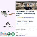 Screenshot displaying Lexor Miami’s Google business listing for sunglasses, watches, and perfumes—featuring Maybach Sunglasses THE KING III PA/B-WEB-Z66—plus store interior, high ratings, and contact info.