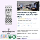 A Frederique Constant Classics Manchette FC-200WR1MC6B is shown next to a Google business listing for Lexor Miami, a 5-star store offering sunglasses, watches, and perfumes with contact details.