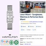 A collage features a Hamilton Art Deco watch, the Hamilton logo, Google review badges, and Lexor Miami—a boutique in Miami, FL offering sunglasses, perfumes, and watches like the Hamilton Watches H11221150 American Classic Ardmore Quartz.