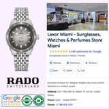 A Rado Watches Captain Cook X Tennis Limited Edition R32222108 is shown next to a Google business listing for Lexor Miami, a sunglasses and watches store, featuring photos, contact info, reviews, rating badges, and RADO Switzerland Tennis Limited Edition below.