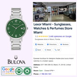 A Bulova 43A155 Caravelle Stainless Steel Strap Men’s Watch by Caravelle Watches By Bulova is shown beside a Google listing for Lexor Miami, a boutique with 5-star rating that offers sunglasses, watches, perfumes, and displays an interior photo.