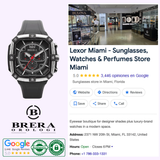 A Brera-Orologi BRSS2C4601 'Supersportivo' Square Chronograph Rubber Strap Watch from Brera Orologi Watches is shown beside the Brera logo and a Google listing for Lexor Miami, a top store for sunglasses, watches, and perfumes.