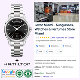 The Hamilton Watches Jazzmaster Day Date Auto H32505131 is shown next to a Google business listing for Lexor Miami, a store offering sunglasses, watches, and perfumes with a 5-star rating and contact details visible.