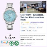 A Bulova Watches Marine Star 96P248 ladies watch (UPC: 042429597433) is pictured beside a Google listing for Lexor Miami, a store for sunglasses, watches, and perfumes with photos, contact details, and ratings.
